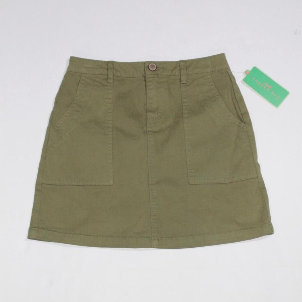 Copper Key Olive Green Mini Skirt with Front Patch Pockets